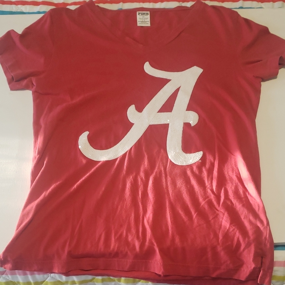 PINK Victoria's Secret Red And White Sequins U of A Tee Sz. SM